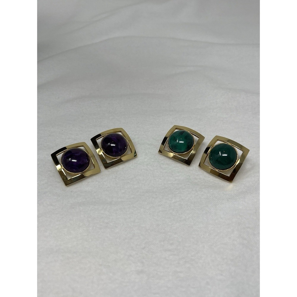Vtg 1989 Avon Green and Purple Cabochon Gold Tone Square Earrings 2 pc LOT